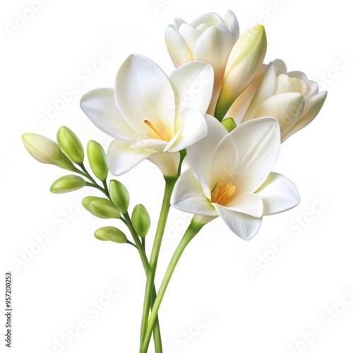 Delicate White Freesia Bouquet with Buds, Digital Painting, White Flower, Green Stems, White background, freesia, flower