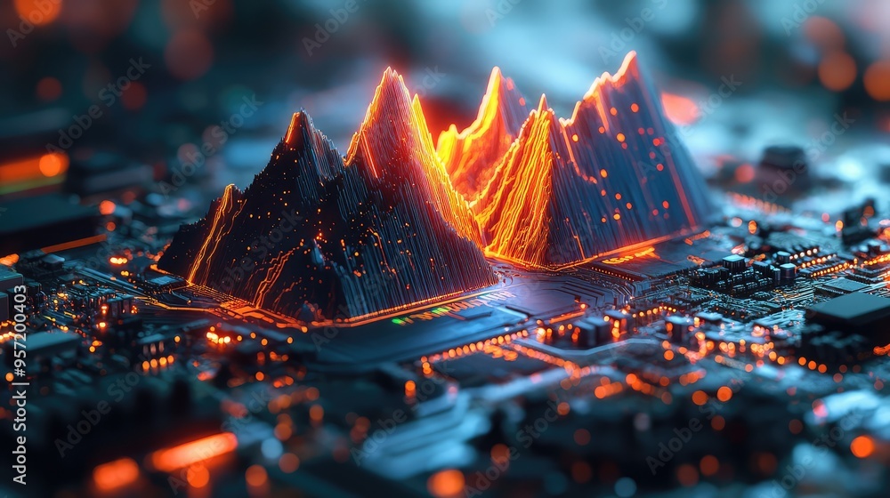 Abstract mountain peaks rising from a computer motherboard, with ...