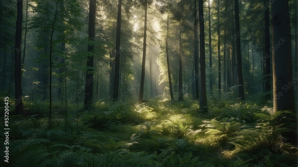 Wallpaper natural summer forest and sun rays penetrating through trees Wallpaper natural summer forest and sun rays penetrating through trees