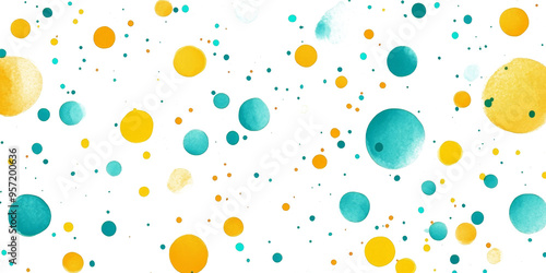 Turquoise and yellow polka dots on a white isolated background for design applications