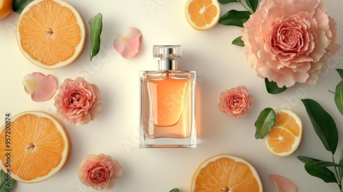Elegant perfume bottle surrounded by fresh slices of oranges and pink roses on a white background, showcasing a blend of citrus and floral elements.