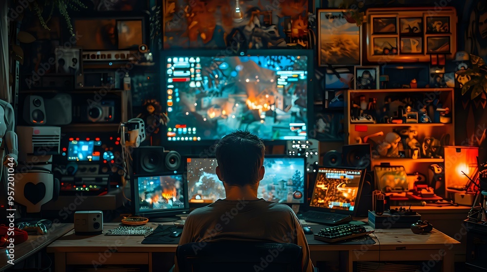 captivating scene of a gamer immersed in an elaborate multi-screen gaming setup, surrounded by gaming gear and vibrant decor, evoking a sense of excitement and focus. Ideal for gaming, esports captivating scene of a gamer immersed in an elaborate multi-screen gaming setup, surrounded by gaming gear and vibrant decor, evoking a sense of excitement and focus. Ideal for gaming, esports