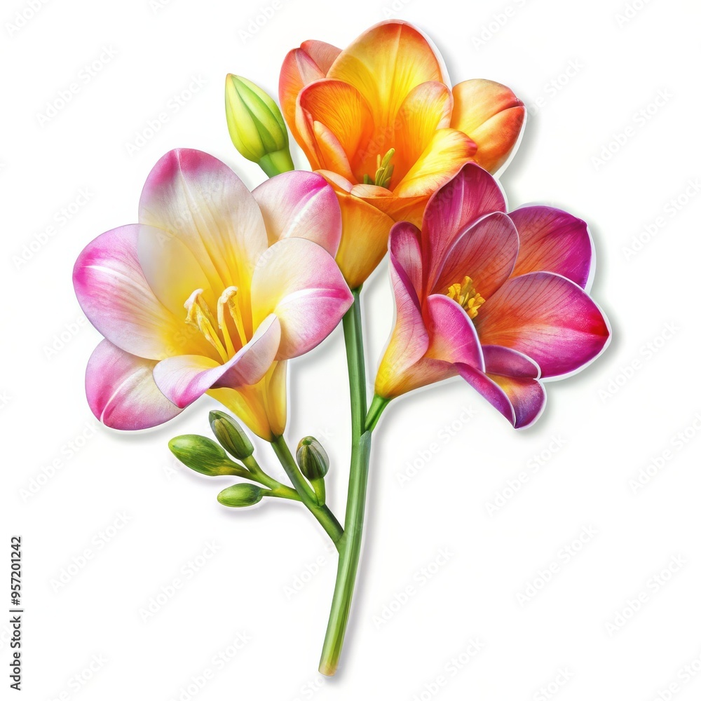 Fototapeta premium Freesia Bouquet - Digital Painting, Three Blooms, Pink, Yellow and Purple, White Background, freesia, flower