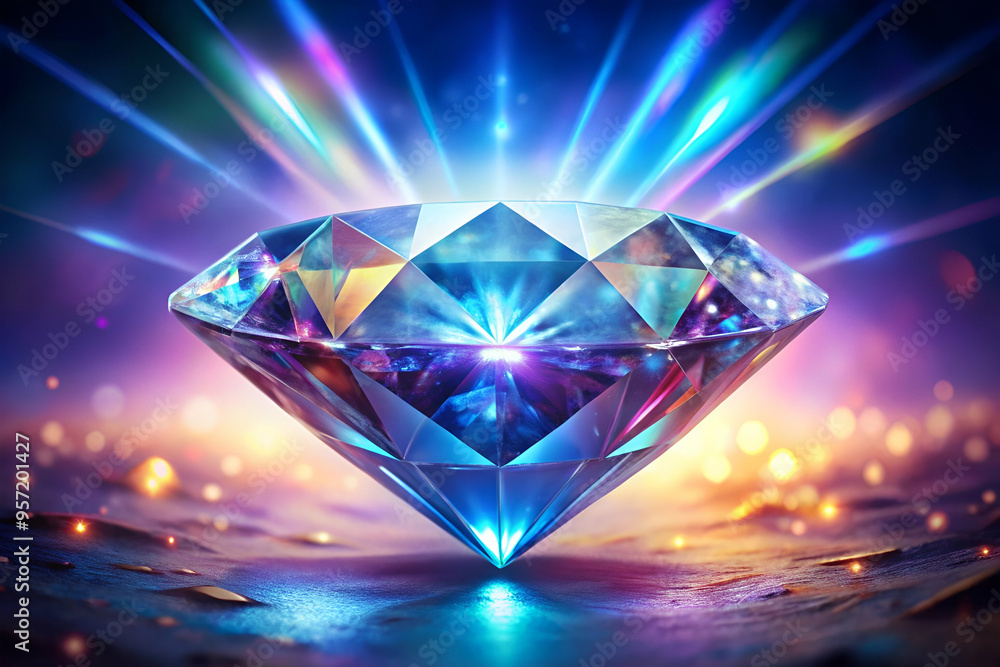 A diamond is lit up with a blue light. The diamond is surrounded by a colorful background. The diamond is the main focus of the image A diamond is lit up with a blue light. The diamond is surrounded by a colorful background. The diamond is the main focus of the image