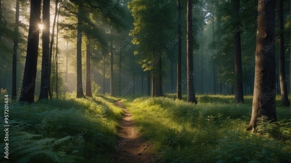 Fototapeta premium Wallpaper natural summer forest and sun rays penetrating through trees