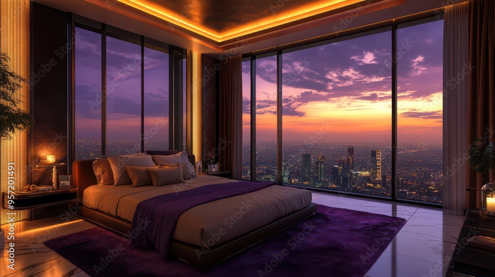 Luxurious Bedroom with City Skyline View at Twilight Luxurious Bedroom with City Skyline View at Twilight