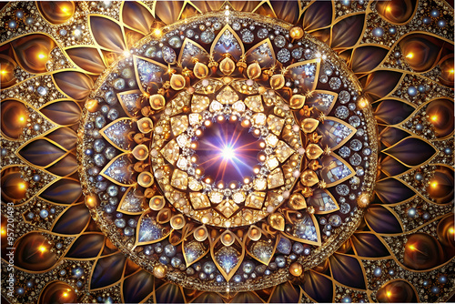 A gold and blue flower with a large diamond in the center. The flower is surrounded by smaller diamonds and has a bright light shining on it. The image has a dreamy, ethereal quality to it