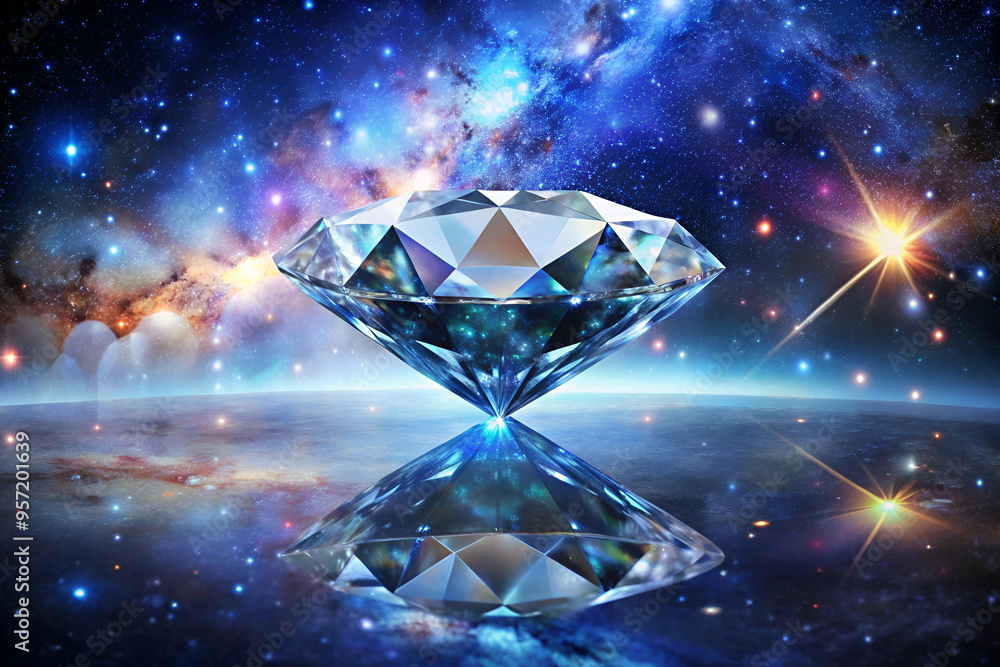A diamond is on a blue surface with stars in the background A diamond is on a blue surface with stars in the background