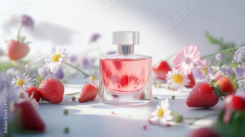 Elegant perfume bottle with pink liquid surrounded by fresh strawberries and delicate flowers in soft lighting.