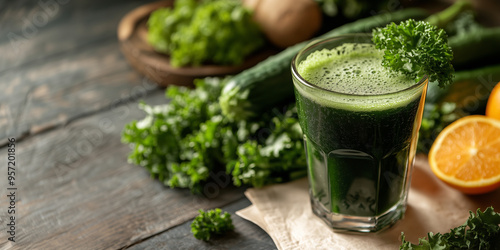 Glass of fresh green vegetable juice surrounded by various fruits and vegetables, including citrus, broccoli, and leafy greens, on a rustic surface.