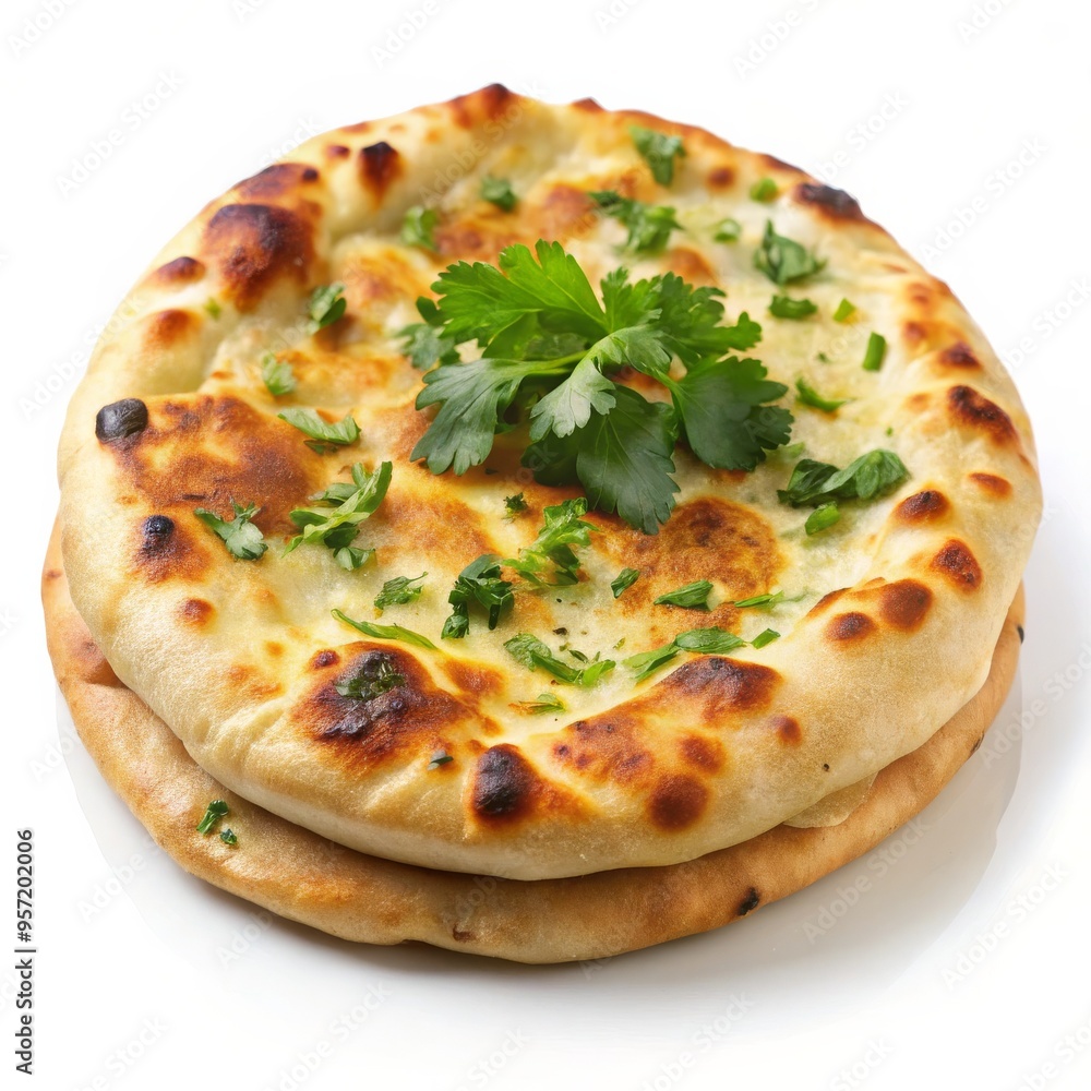 Golden Brown Naan Bread with Parsley, Two Naan, White Background, Indian Bread, Naan Recipe, Flatbread, Food Photography Golden Brown Naan Bread with Parsley, Two Naan, White Background, Indian Bread, Naan Recipe, Flatbread, Food Photography