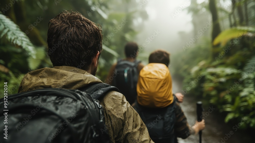 A group of hikers with backpacks walk on a misty trail through a lush forest, showcasing adventure, exploration, and the serene beauty of nature in a foggy environment. A group of hikers with backpacks walk on a misty trail through a lush forest, showcasing adventure, exploration, and the serene beauty of nature in a foggy environment.