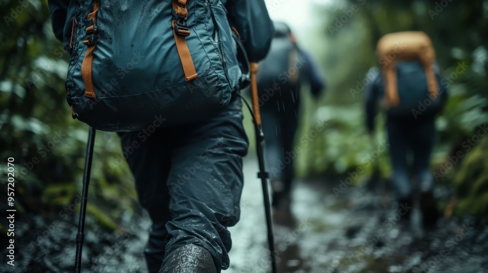 Close-up shot focusing on the legs of hikers navigating a muddy trail, emphasizing their gear, determination, and the challenging nature of their outdoor adventure. Close-up shot focusing on the legs of hikers navigating a muddy trail, emphasizing their gear, determination, and the challenging nature of their outdoor adventure.