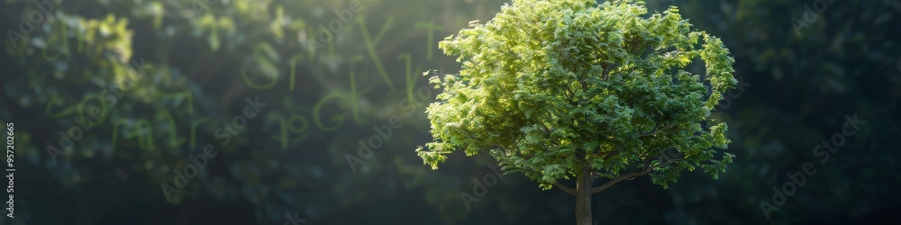 Symbolic Tree in Enchanted Forest with Book Leaves and Vines Creating Words in Morning Light, Representing Knowledge and Growth, Capturing Mystical and Inspirational Mood Symbolic Tree in Enchanted Forest with Book Leaves and Vines Creating Words in Morning Light, Representing Knowledge and Growth, Capturing Mystical and Inspirational Mood