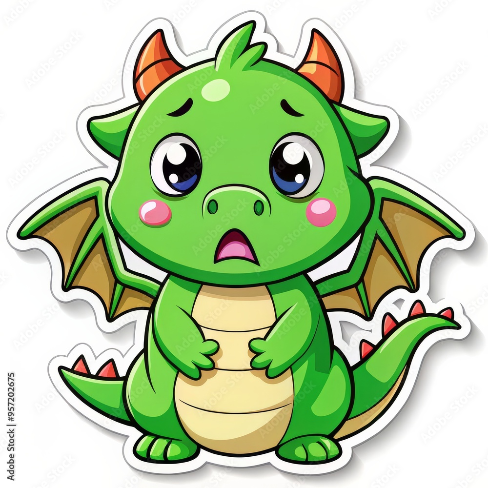 Fototapeta premium Green Dragon Sticker with Big Eyes, Cartoon Illustration, Cute Creature, Sticker Design, Dragon Art, Fantasy, Creature