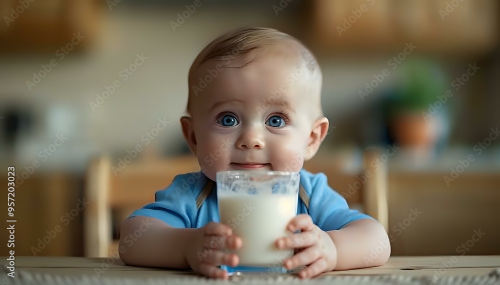 A cute baby with big blue eyes holding a glass of milk, creating a heartwarming and innocent scene. Ideal for family, parenting, nutrition, and lifestyle-themed projects. A cute baby with big blue eyes holding a glass of milk, creating a heartwarming and innocent scene. Ideal for family, parenting, nutrition, and lifestyle-themed projects.
