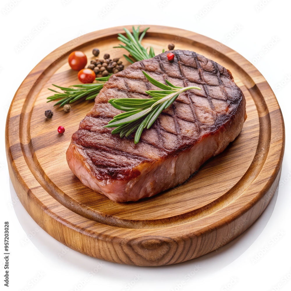 Grilled Steak with Rosemary on Wooden Board, Steak, Food, Rosemary Grilled Steak with Rosemary on Wooden Board, Steak, Food, Rosemary