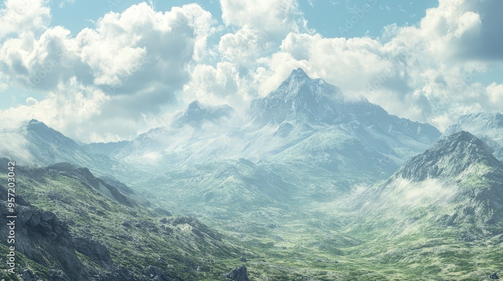 Fototapeta premium Mountains with a mix of natural and computer-generated textures, set against a sky with virtual clouds and digital effects, creating a futuristic environment
