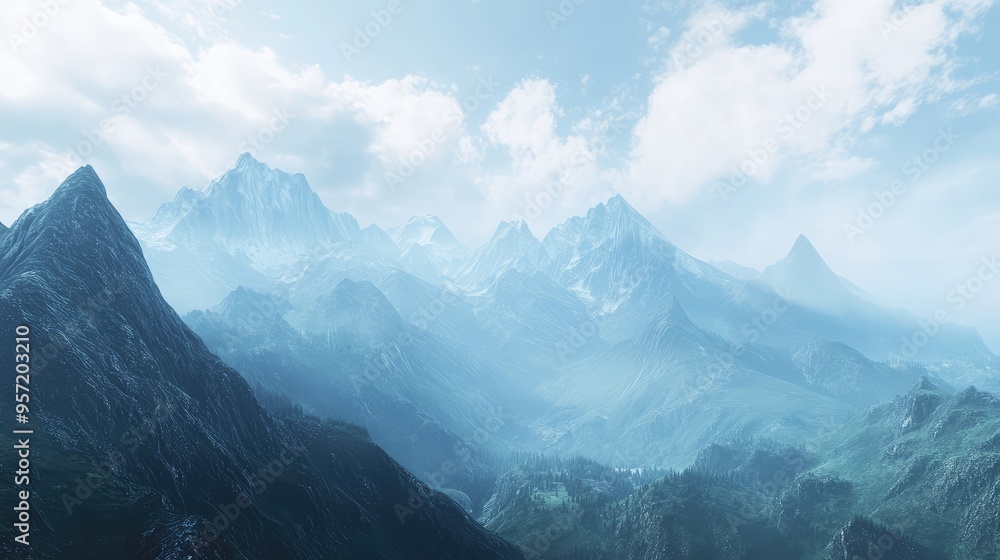Mountains with a mix of natural and computer-generated textures, set against a sky with virtual clouds and digital effects, creating a futuristic environment Mountains with a mix of natural and computer-generated textures, set against a sky with virtual clouds and digital effects, creating a futuristic environment