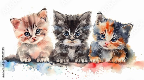 Wallpaper Mural Watercolor Painting of Three Kittens with Blue Eyes Torontodigital.ca