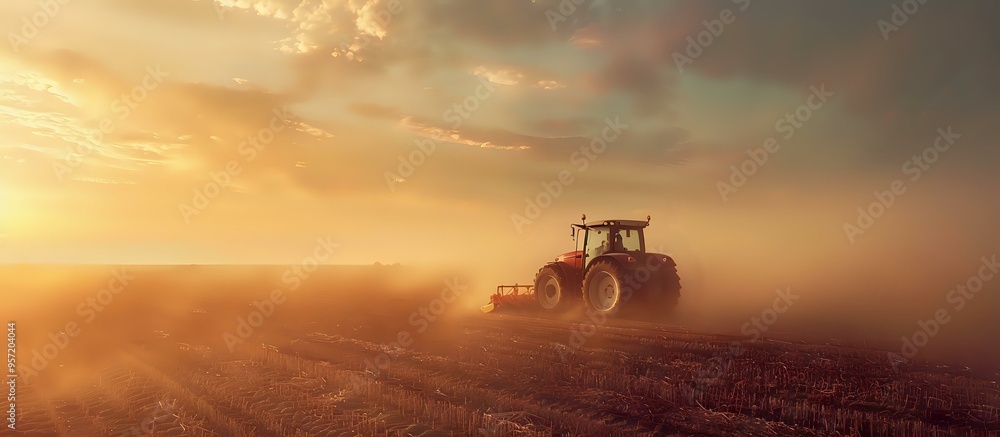 Silhouette of agricultural tractor plowing field at dramatic sunset with golden sunlight and dust particles creating atmospheric rural landscape. Silhouette of agricultural tractor plowing field at dramatic sunset with golden sunlight and dust particles creating atmospheric rural landscape.