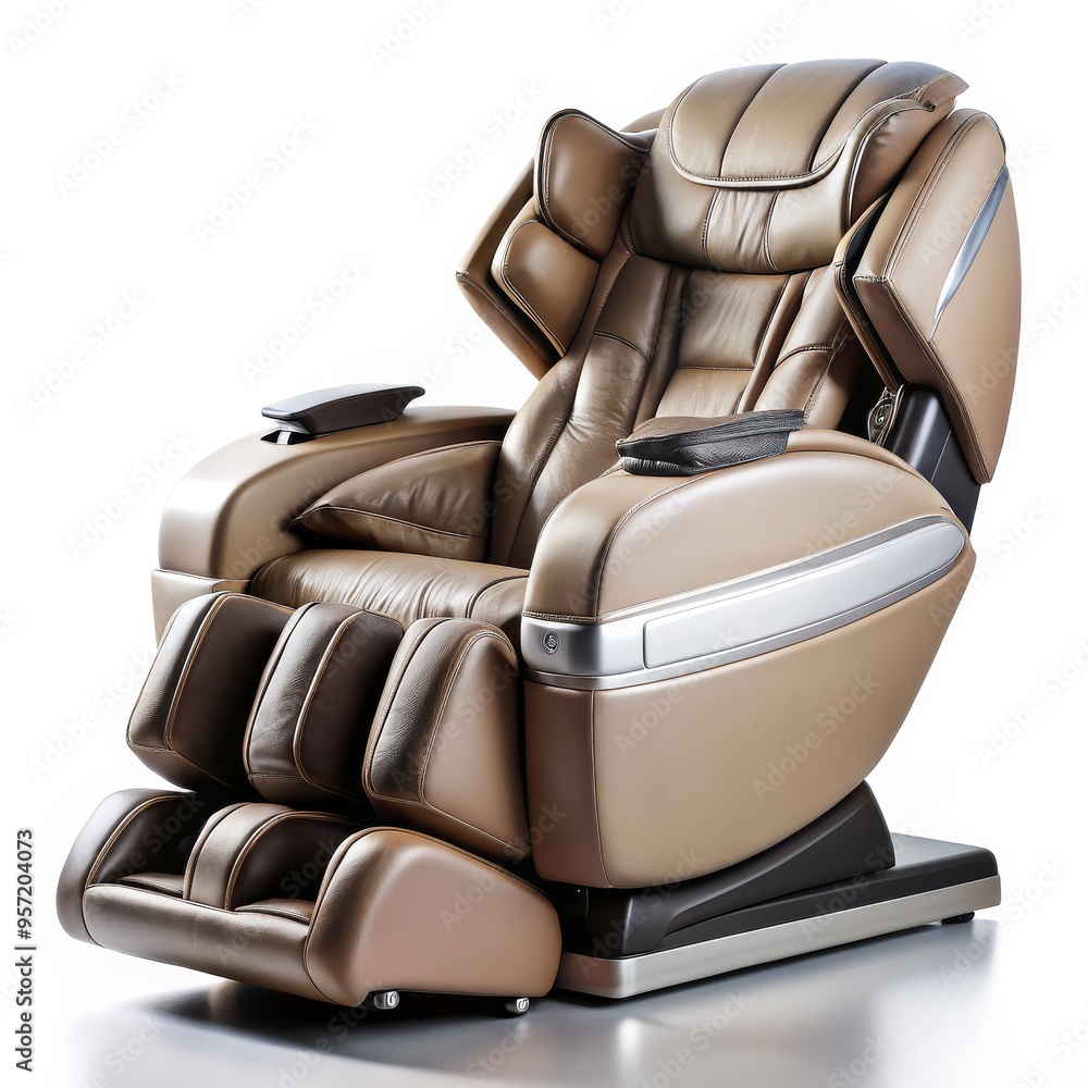 Fototapeta premium Luxurious Brown Leather Massage Chair, Isolated on White, 3D Render, Relaxation, Comfort, Wellness