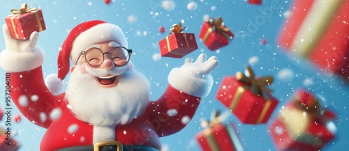 Cheerful Santa Claus with flying gifts in snowfall, perfect for holiday advertising photo