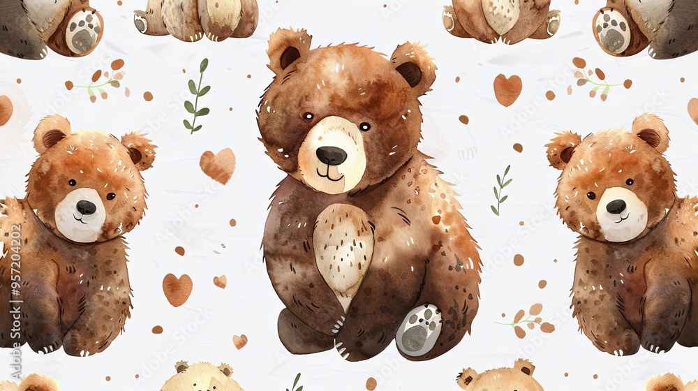 Watercolor Pattern of Cute Brown Bears with Hearts and Flowers Watercolor Pattern of Cute Brown Bears with Hearts and Flowers