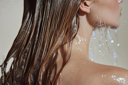 Young woman taking shower and washing her long hair