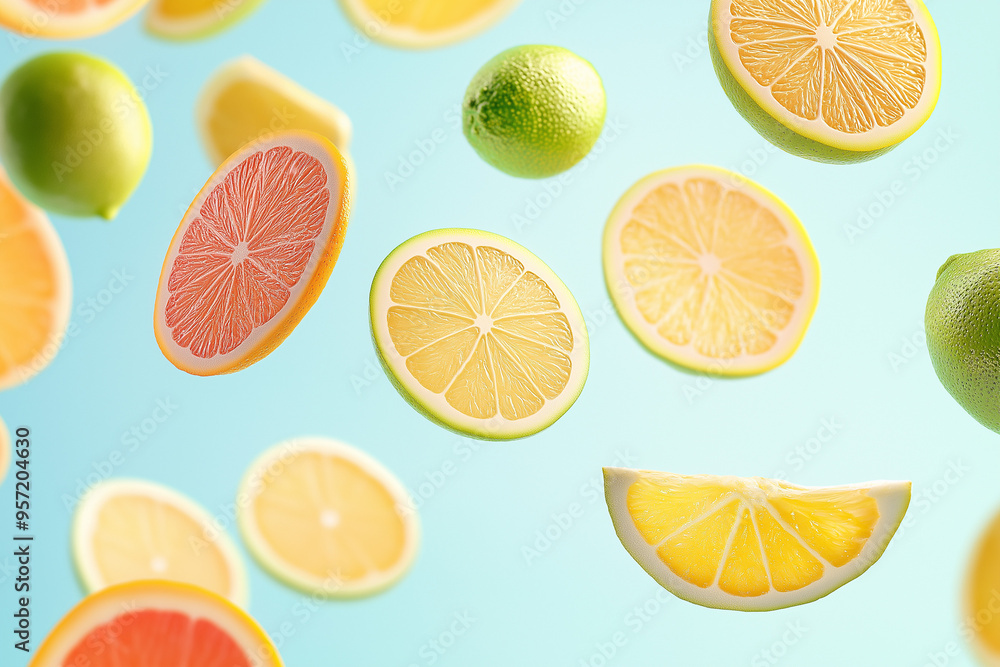 Obraz premium Colourful view of citrus fruits flying on a soft background