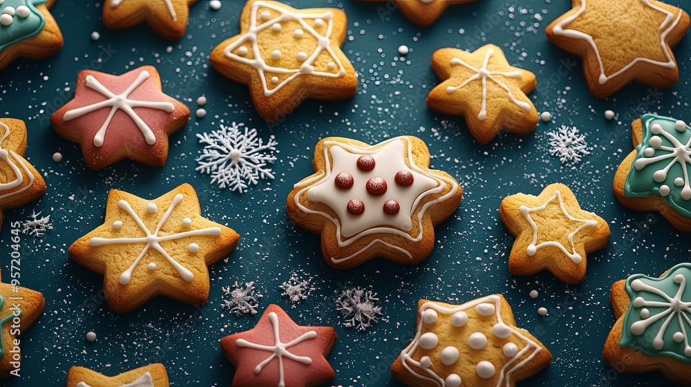 A variety of intricately decorated cookies in star shapes and other designs are displayed on a blue background with powdered sugar and snowflake motifs, ideal for festive celebrations. A variety of intricately decorated cookies in star shapes and other designs are displayed on a blue background with powdered sugar and snowflake motifs, ideal for festive celebrations.
