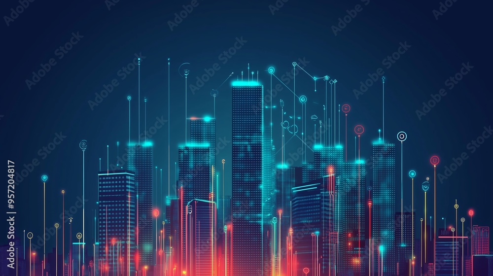 Fototapeta premium A vibrant city skyline with dynamic digital elements showcasing technology integration at night