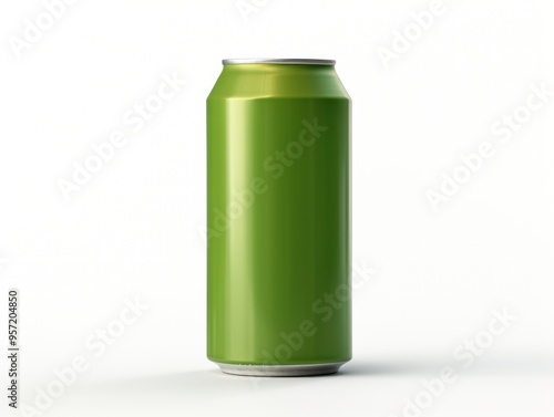 Olive green soda can isolated on white background, flat lay