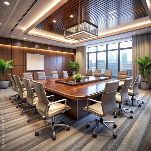 Modern Corporate Boardroom with Wooden Table and City View, Corporate Interior, Meeting Room, Office Design