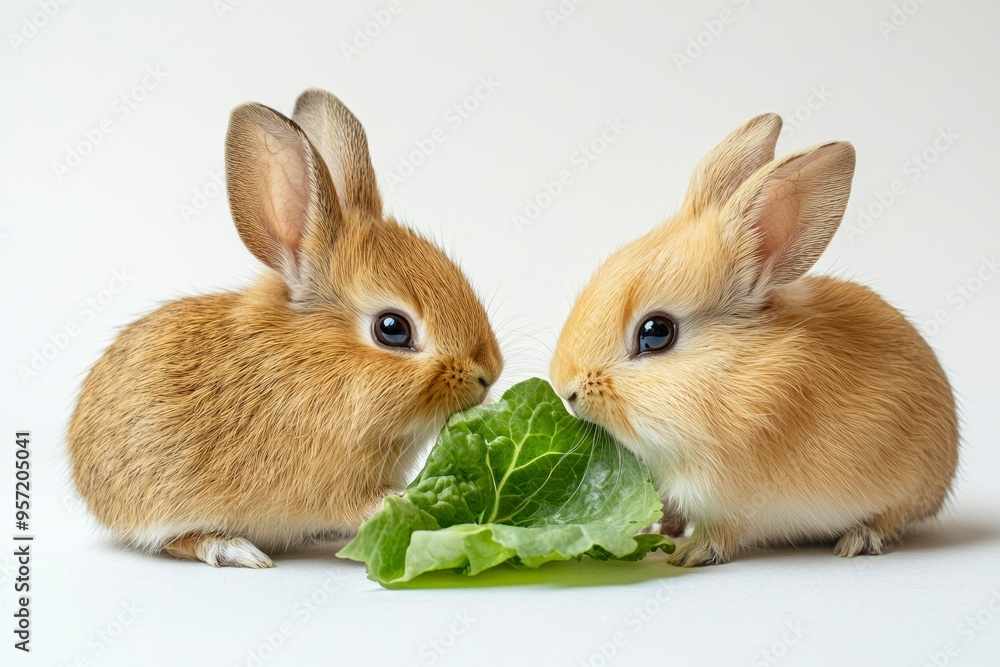 Fototapeta premium Two Brown Rabbits Sharing a Green Lettuce Leaf