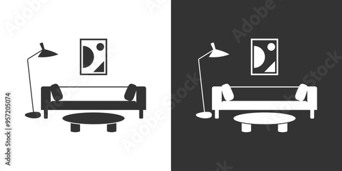 Living room icon. Simple black and white vector illustration. Flat design style