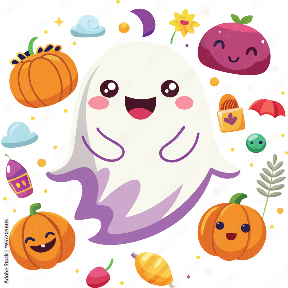 Cute Ghost and Pumpkin Halloween Vector Design Cute Ghost and Pumpkin Halloween Vector Design