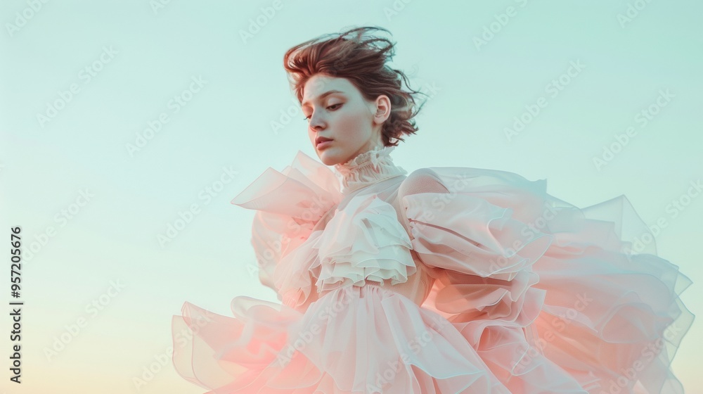 Ethereal Portrait of a Young Woman in Surreal Pink Sky; Delicate Pastel Flower and Soft White Dress in Minimalist Composition at Dusk Ethereal Portrait of a Young Woman in Surreal Pink Sky; Delicate Pastel Flower and Soft White Dress in Minimalist Composition at Dusk