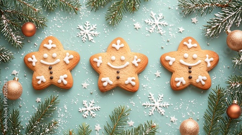 Three gingerbread star cookies with smiling faces and intricate icing details lie on a teal background, surrounded by pine branches, snowflakes, and Christmas ornaments.