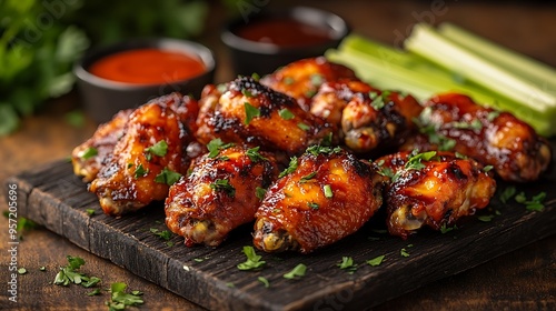 A close-up perspective of a chicken wings platter featuring a variety of flavors, including spicy buffalo, BBQ, and honey mustard, arranged on a wooden table with dipping sauces and celery sticks,