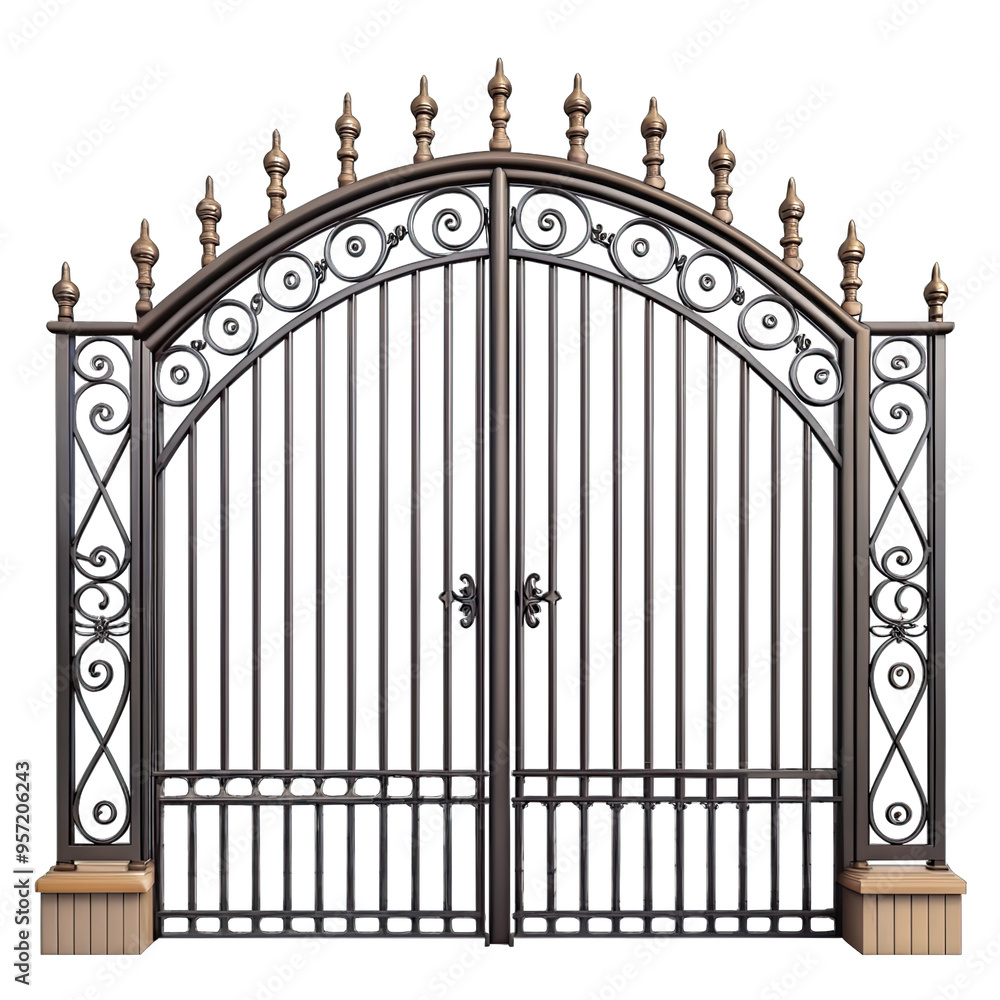 An intricately designed, black steel gate with decorative accents on a white background An intricately designed, black steel gate with decorative accents on a white background