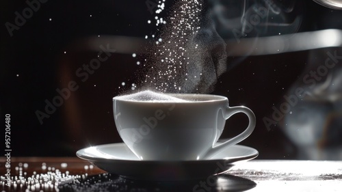 Pouring a sugar substitute into a steaming coffee cup, focusing on a healthy alternative