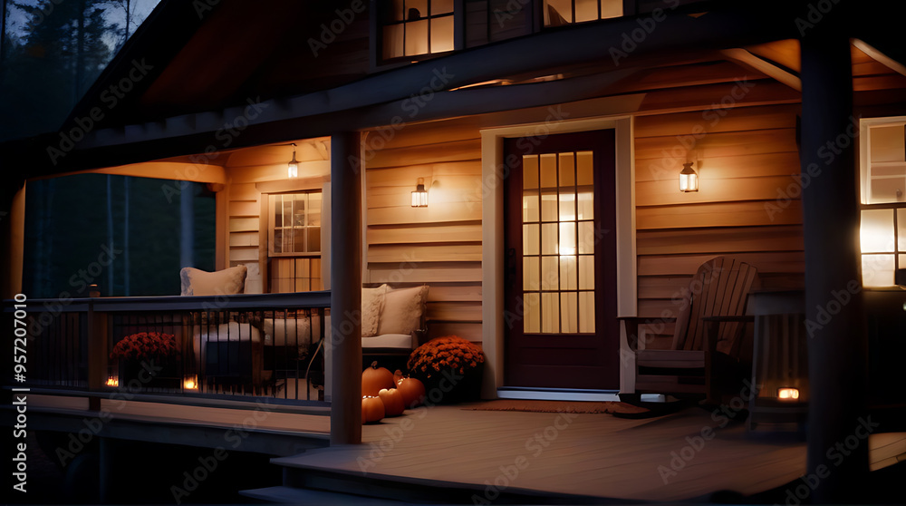 Fototapeta premium cozy rustic cabin wraparound porch adorned fall decorations