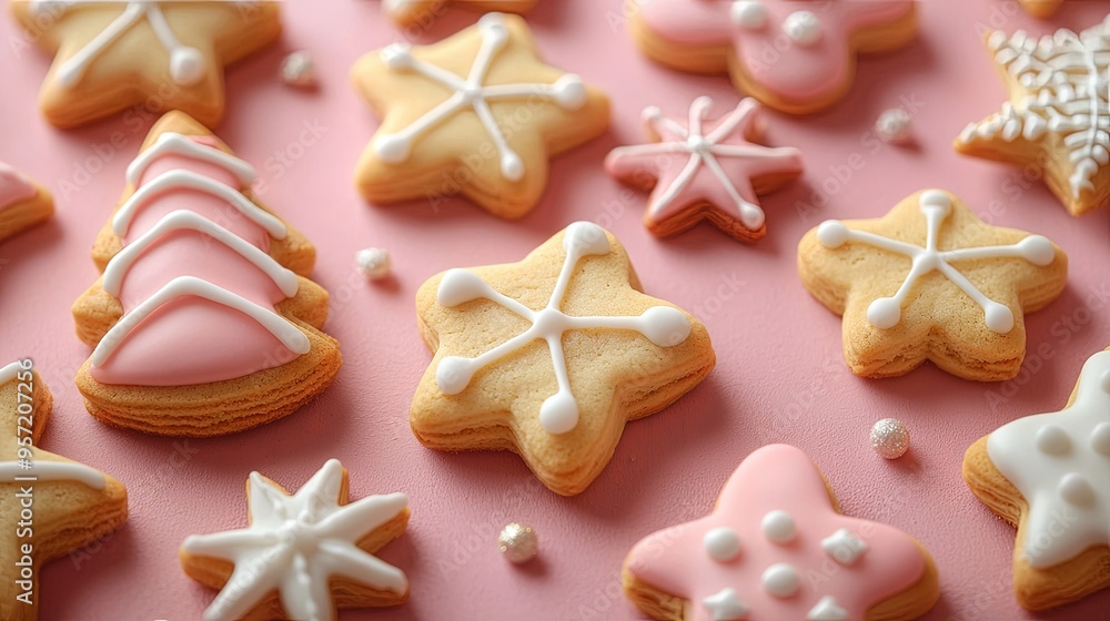 An assortment of pink and white cookies in the shapes of stars, Christmas trees, and snowflakes are beautifully decorated with intricate icing against a pink background. An assortment of pink and white cookies in the shapes of stars, Christmas trees, and snowflakes are beautifully decorated with intricate icing against a pink background.