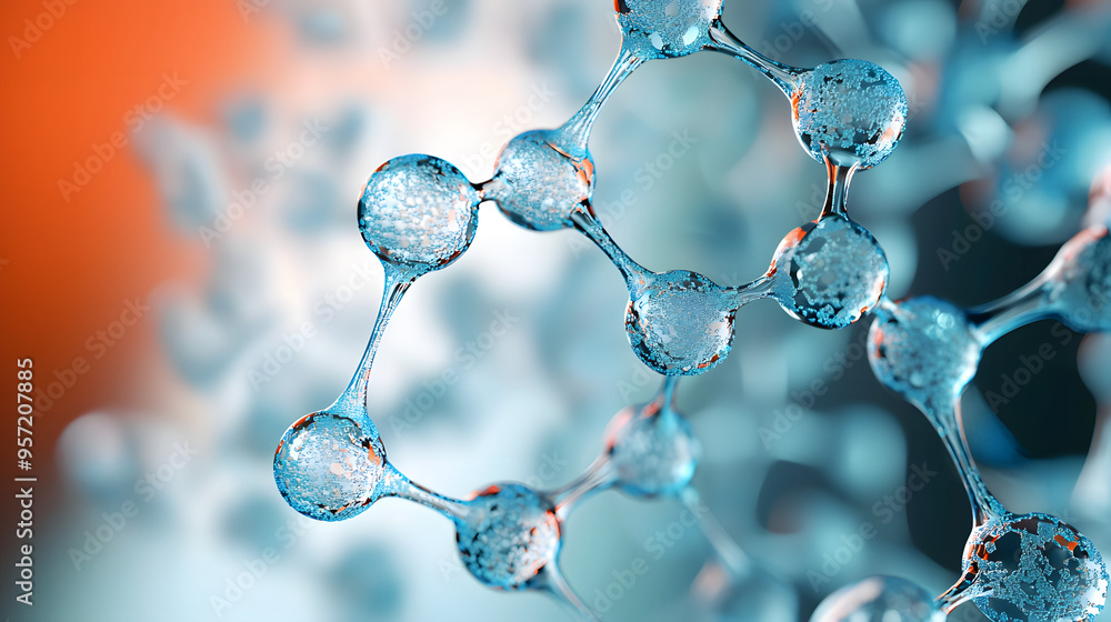 A close-up of the molecular structure, with clear glass spheres representing molecules.Medical, science and technology concept. A close-up of the molecular structure, with clear glass spheres representing molecules.Medical, science and technology concept.
