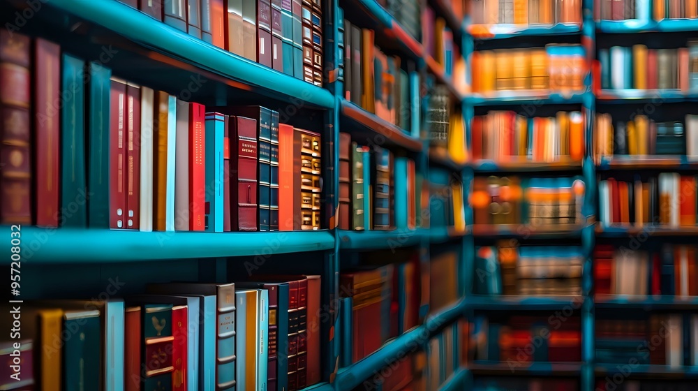 A vibrant library scene with rows of colorful books on shelves, creating a warm and intellectual atmosphere. Perfect for educational, literary, and academic-themed projects. A vibrant library scene with rows of colorful books on shelves, creating a warm and intellectual atmosphere. Perfect for educational, literary, and academic-themed projects.