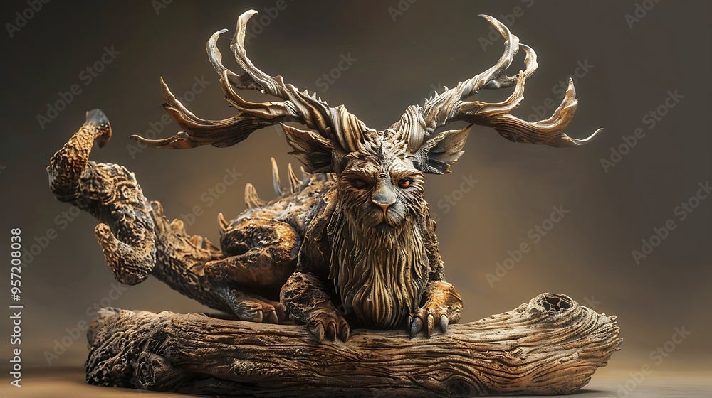 Fototapeta premium Statue of a weird wild beast with a woody texture