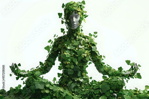  surreal depiction of a human figure meditating, covered entirely in green leaves, symbolizing harmony with nature, wellness, and environmental consciousness. Ideal for themes related to yoga photo