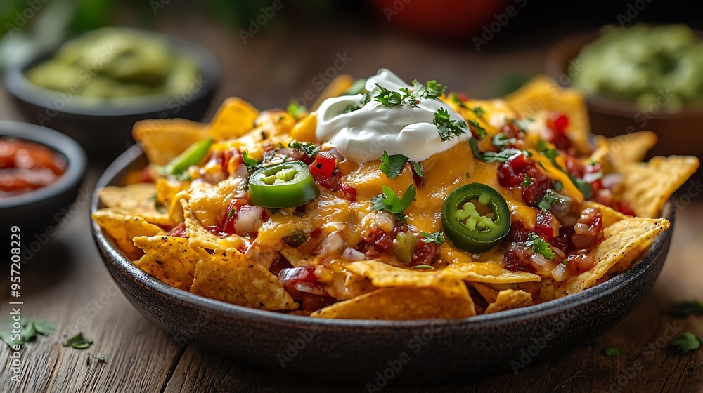 A close-up shot of a generous serving of nachos covered in melted cheese, spicy jalapenos, creamy sour cream, and fresh guacamole, placed on a wooden table with soft, warm lighting, A close-up shot of a generous serving of nachos covered in melted cheese, spicy jalapenos, creamy sour cream, and fresh guacamole, placed on a wooden table with soft, warm lighting,