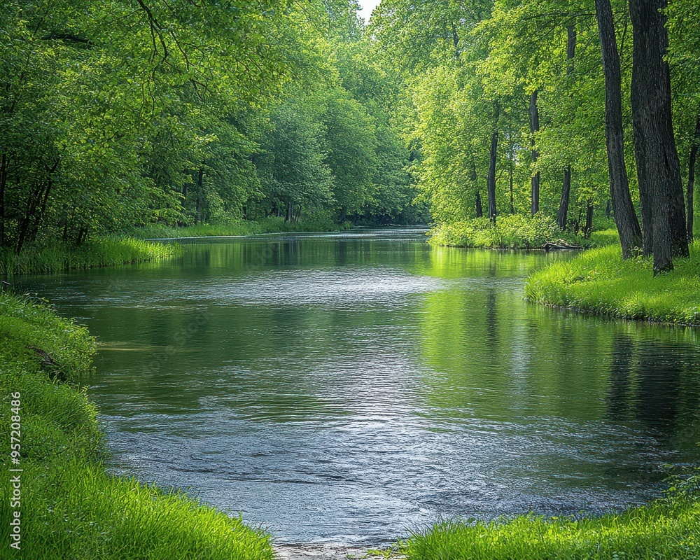 Serene River in Lush Forest, a tranquil waterway meanders through vibrant greenery, sunlight filtering through dense foliage, creating a peaceful atmosphere. Serene River in Lush Forest, a tranquil waterway meanders through vibrant greenery, sunlight filtering through dense foliage, creating a peaceful atmosphere.
